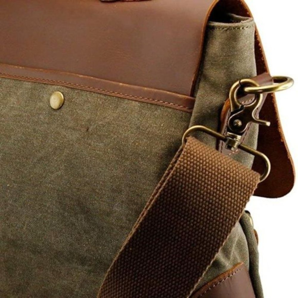 NEW Genuine Leather Canvas Messenger Bag Green​ - Picture 9 of 10